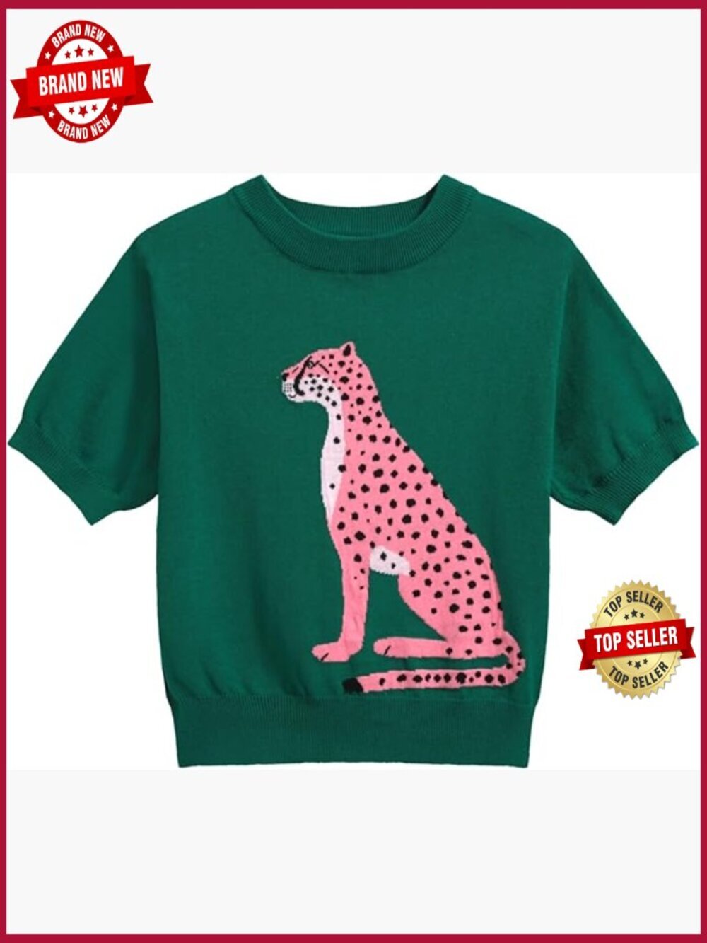 Retro Animal Pattern Cotton Knit Crew Neck T-Shirt Cropped Length